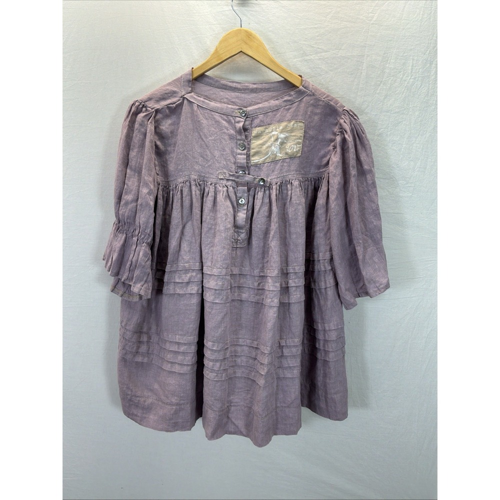 Magnolia Pearl Short-Sleeve Linen Blouse tunic oversized purple tiered SM/MD